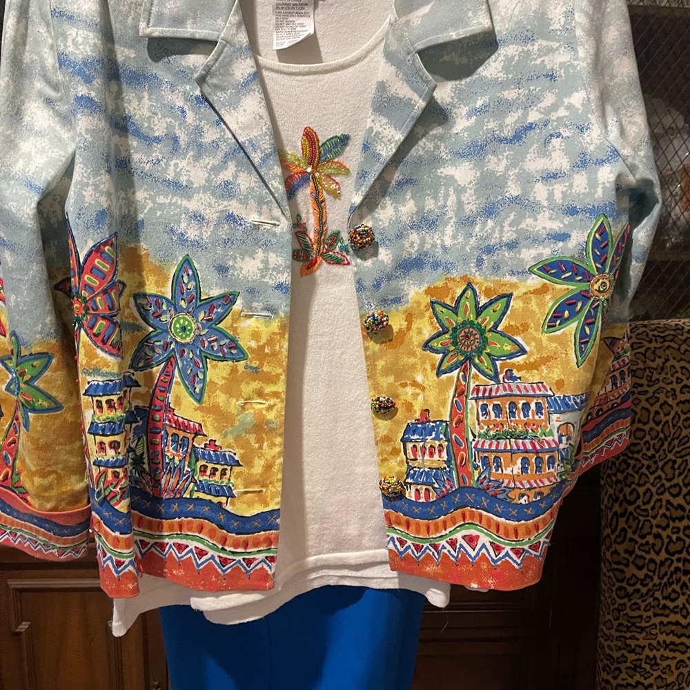 Artistic Blue and Orange Blazer with Scenic Design 3 piece outfit